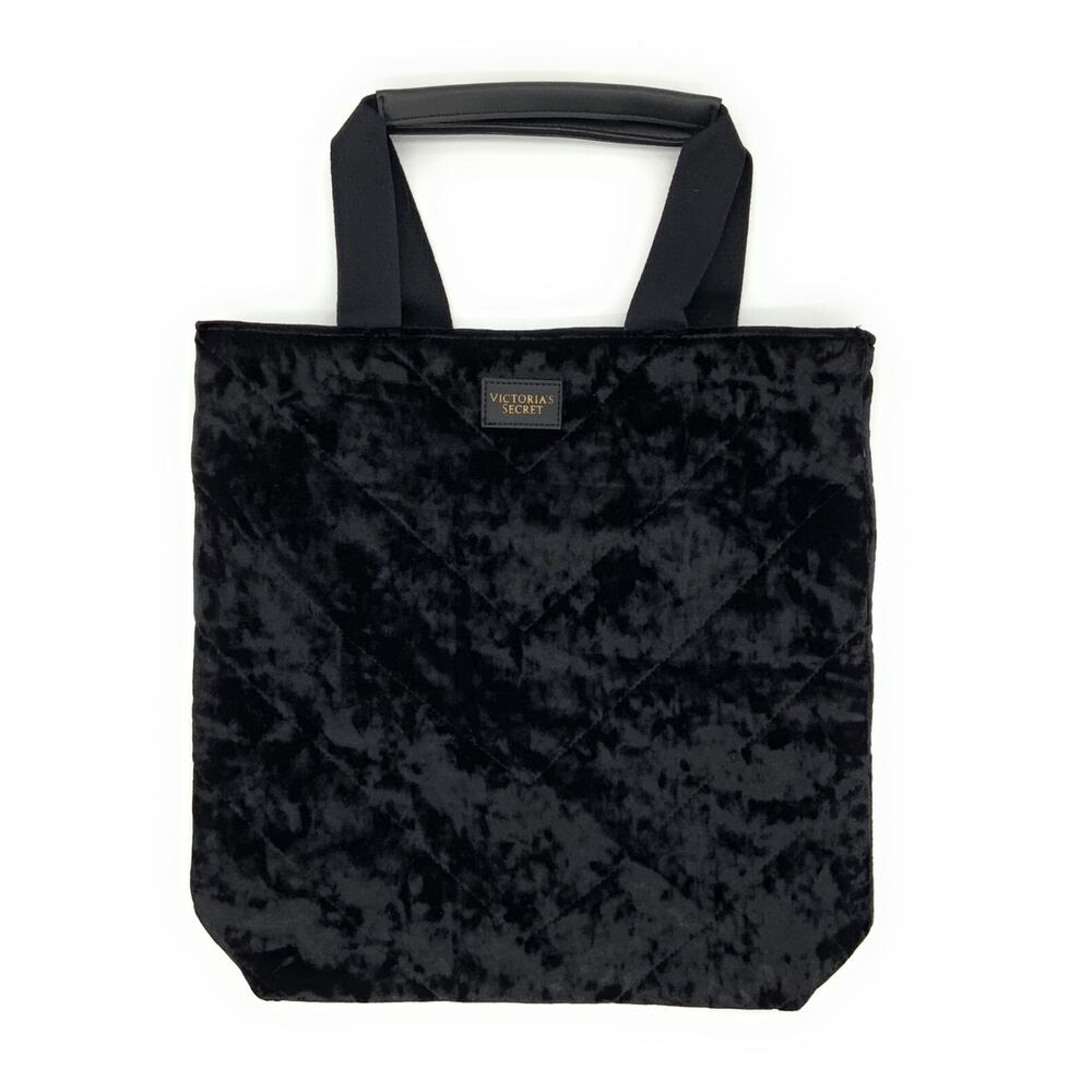 VICTORIAS SECRET CRUSHED VELVET LOGO WEEKENDER TOTE BEACH BOOK BAG BLACK